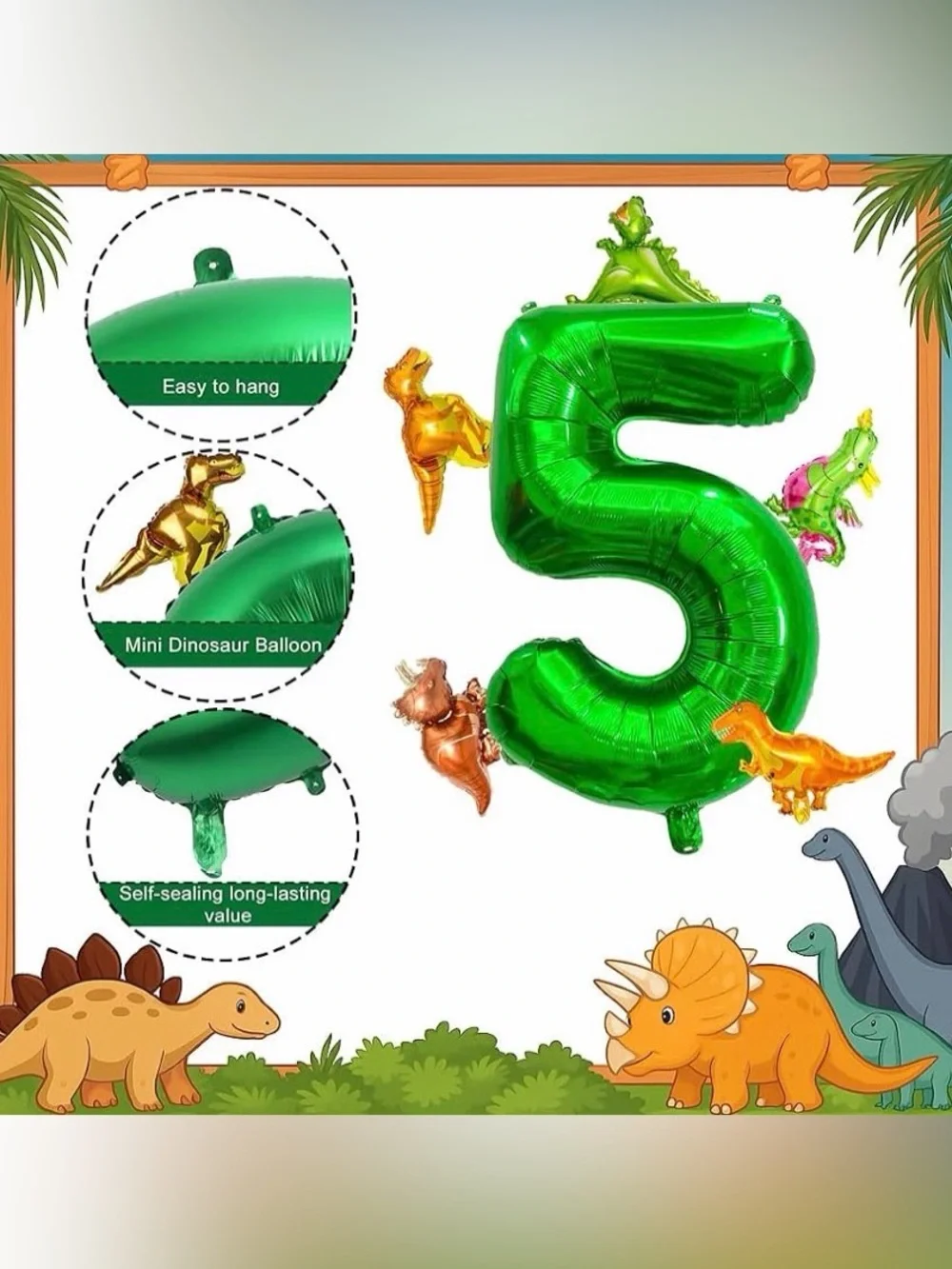 2- 6 Piece Green Number 5 Dinosaur Party Balloon Sets with Mini Dinosaurs